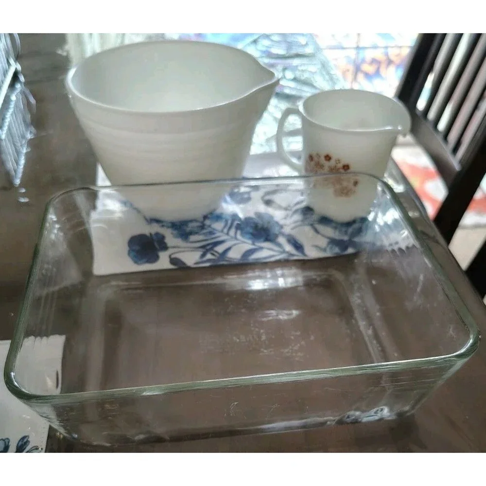 3 Vintage Pyrex  White Milk Glass Mixing Bowl & Creamer Cup Glass Baking Dish